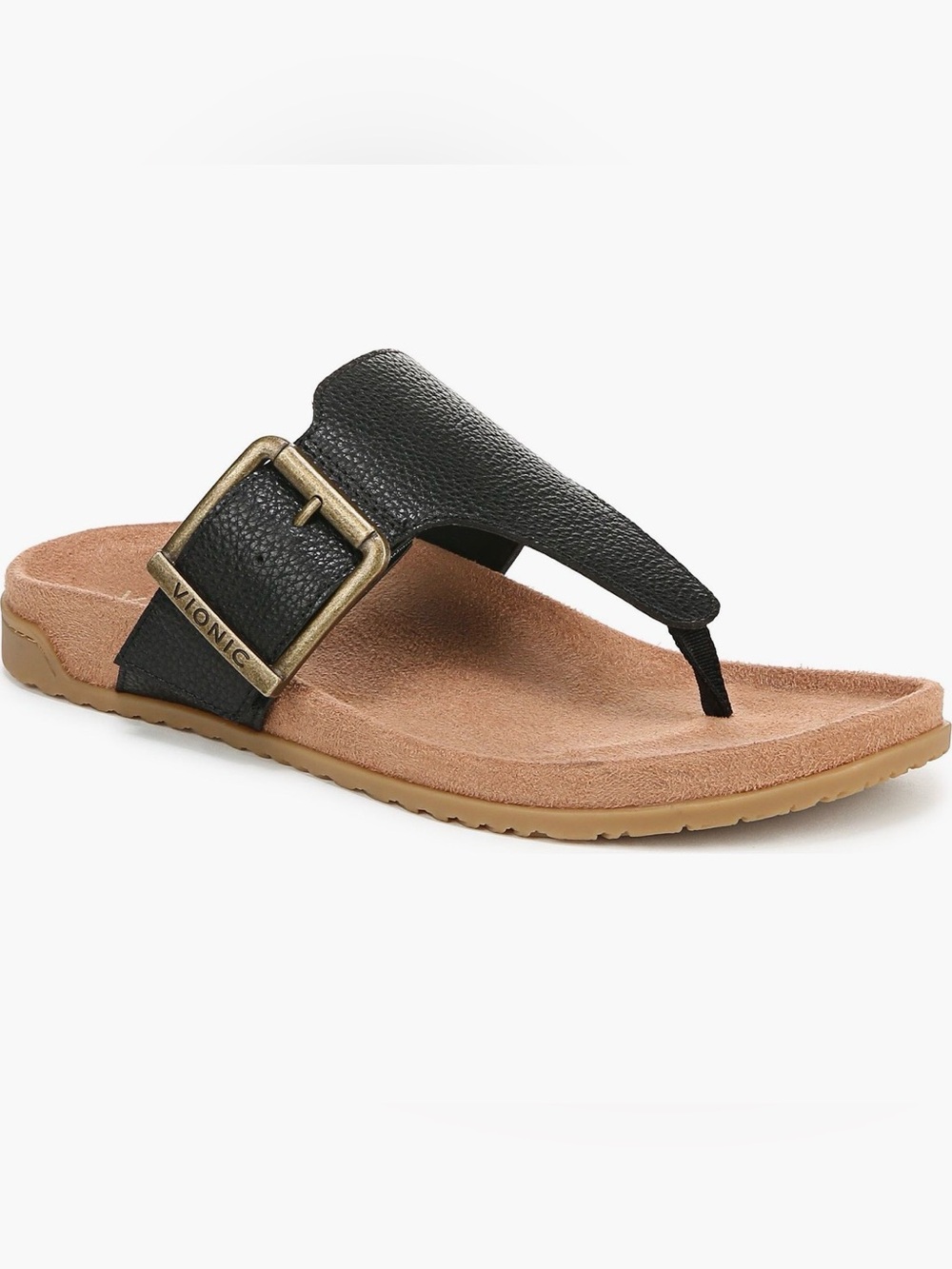 Vionic Emma Flip-Flop Black Leather Buckle Toe-Post Sandal